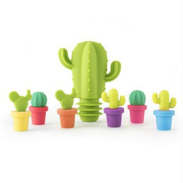 7 PCS Creative Cactus Silicone Wine Bottle Stopper + Wine Glass Marker Set