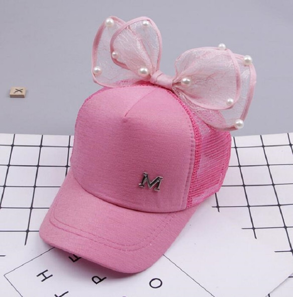 Spring Girls Pearl Lace Bow Decoration Hat Sun Hat, Size:Adults 54-60cm(Mesh Cap Dark Pink)