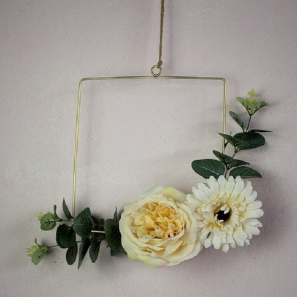 DIY Creative Wall Hanging Home Hemp Rope Hanging Artificial Flower Wrought Iron Pendant(Square  Ring + Flower)