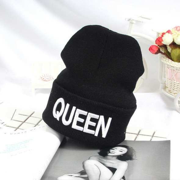 Letter Embroidery Warm Winter Knitted Cap Hip Hop Lovers Street Dance Bonnet(white queen)