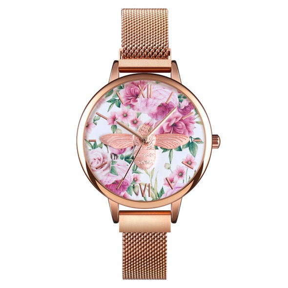 Skmei 9212 Fashion Lady Quartz Watch Student Female Temperament Waterproof Magnetic Suction Net Belt Watch(Flower Color)