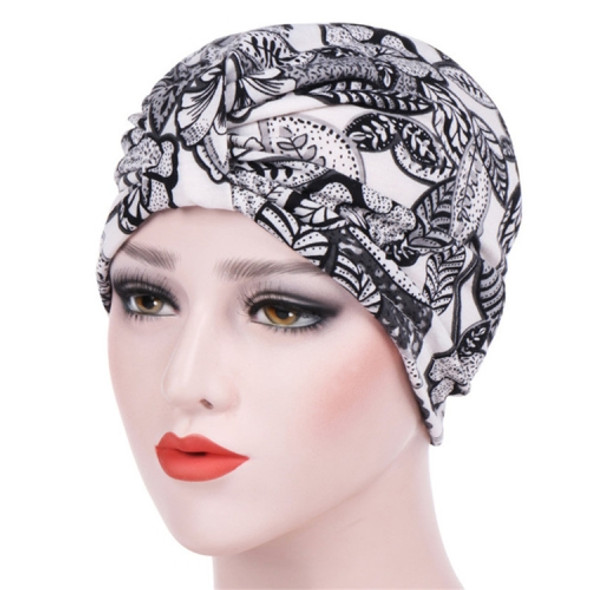 Women Floral Cotton Turban Hat Wrap Cap, Size: M?56-58cm?(Black Leaves)