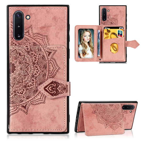 For Galaxy Note 10   Mandala Embossed Cloth Card Case Mobile Phone Case with Magnetic and Bracket Function with Card Bag / Wallet / Photo Frame Function with Hand Strap(Rose Gold)