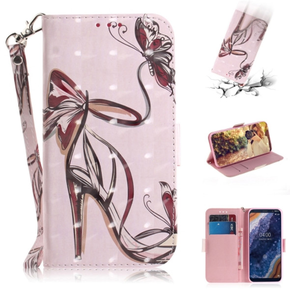 3D Colored Drawing Butterfly High-heeled Shoes Pattern Horizontal Flip Leather Case for Nokia 9, with Holder & Card Slots & Wallet