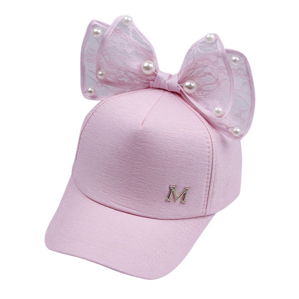 Spring Girls Pearl Lace Bow Decoration Hat Sun Hat, Size:Children 51-54cm(Cloth Light Pink)