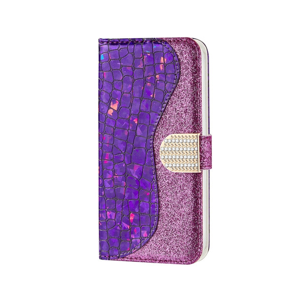 Laser Glitter Powder Matching Crocodile Texture Horizontal Flip Leather Case for Huawei P Smart 2019, with Card Slots & Holder (Purple)