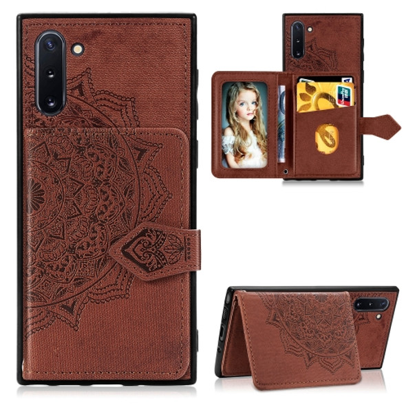 For Galaxy Note 10   Mandala Embossed Cloth Card Case Mobile Phone Case with Magnetic and Bracket Function with Card Bag / Wallet / Photo Frame Function with Hand Strap(Brown)