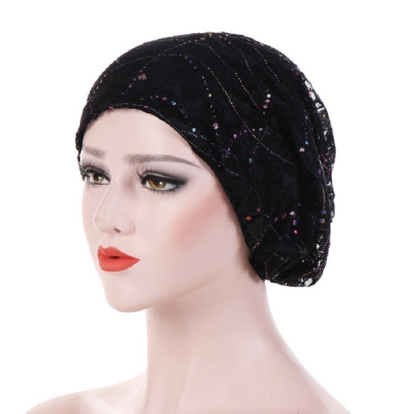2 PCS Thin Lace Breathable Wrapped Hat Colorful Dripping Turban Cap, Size:M (56-58cm)(Black)