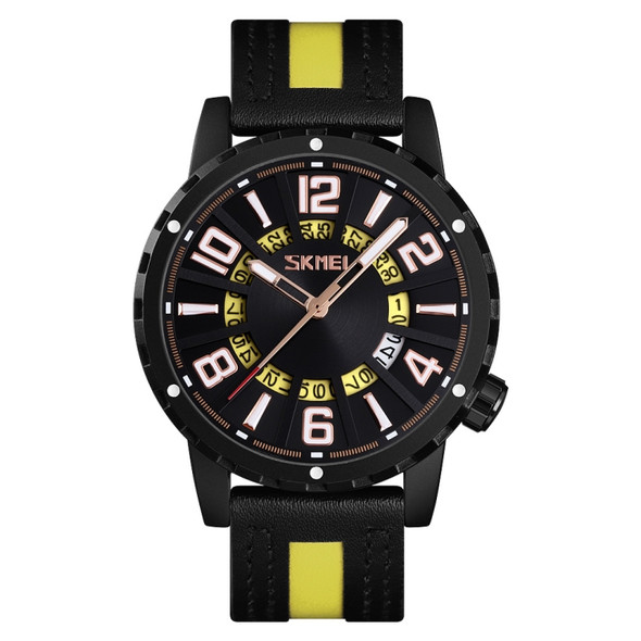 Skmei 9202 Watch Men Business Leisure Sports Calendar Real Leather Strap Watch(Yellow)