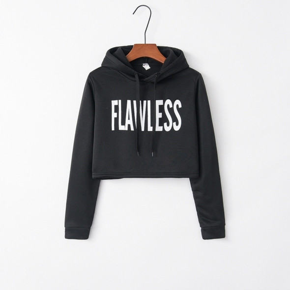 Letter Printed Hooded Fleece Dew Navel Short Sweater (Color:Black Size:XL)