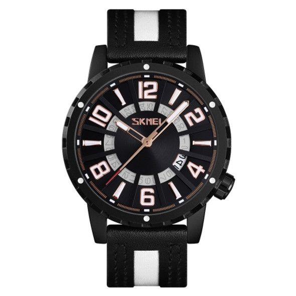 Skmei 9202 Watch Men Business Leisure Sports Calendar Real Leather Strap Watch(Black  White)