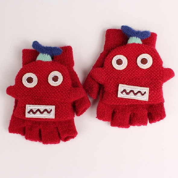 Winter Dual-use Cartoon Half Finger Flip Knitted Warm Children Gloves(Red)