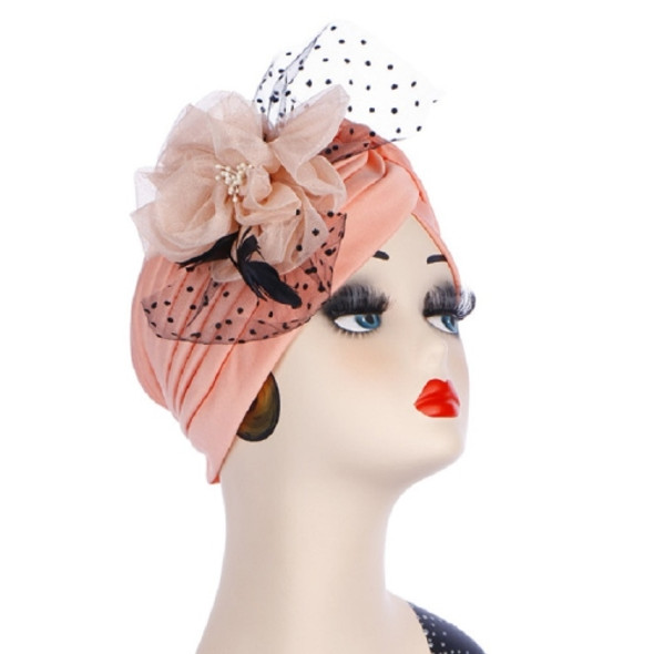 Spring and Autumn Flowers Dots Mesh Turban Hat Wrap Hat(Korean Pink)