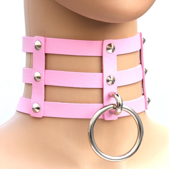 Harajuku Fashion Punk Gothic Rivets Collar Hand 3-rows Caged Leather Collar Necklace(Pink)
