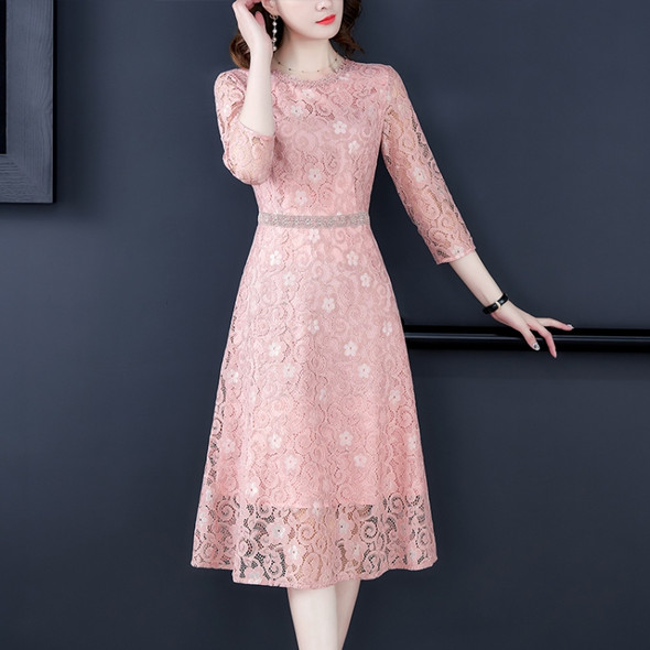 Mid-length Slim Lace Dress, Size:M(Apricot Pink)