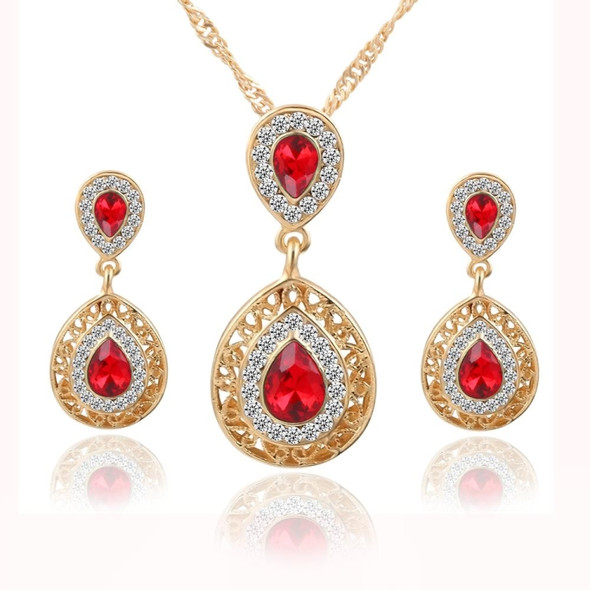 Women Crystal Water Drop Pendant Necklaces Earrings Sets(Red)