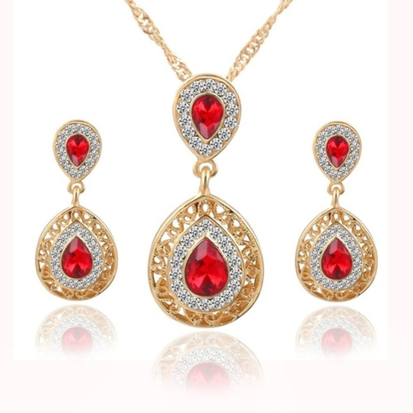 Women Crystal Water Drop Pendant Necklaces Earrings Sets(Red)