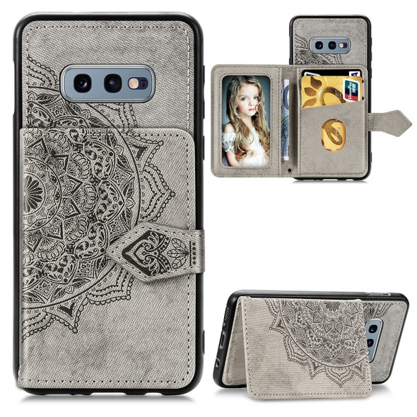 For Galaxy S10e Mandala Embossed Cloth Card Case Mobile Phone Case with Magnetic and Bracket Function with Card Bag / Wallet / Photo Frame Function with Hand Strap(Gray)