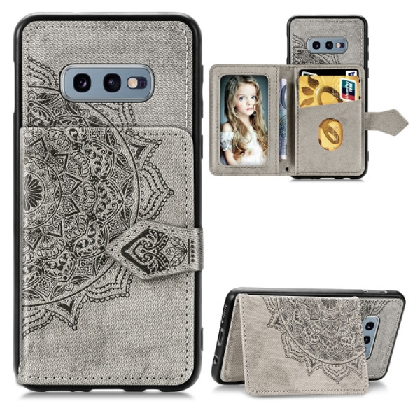 For Galaxy S10e Mandala Embossed Cloth Card Case Mobile Phone Case with Magnetic and Bracket Function with Card Bag / Wallet / Photo Frame Function with Hand Strap(Gray)