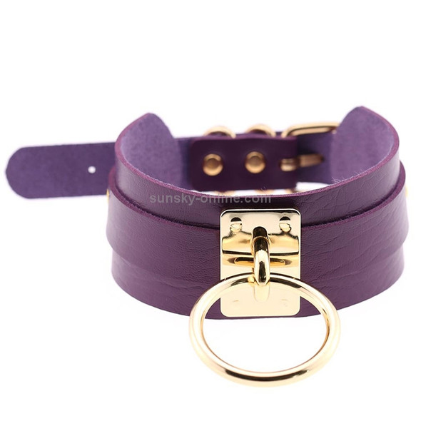 European and American Harajuku PU Leather Gold Single Ring Collar Wide Street-Snap Nightclub O-shaped Choker Necklace(Purple)