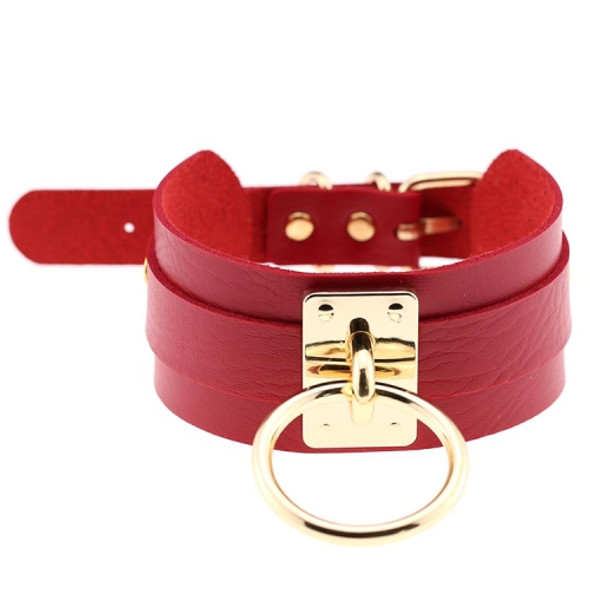 European and American Harajuku PU Leather Gold Single Ring Collar Wide Street-Snap Nightclub O-shaped Choker Necklace(Red)