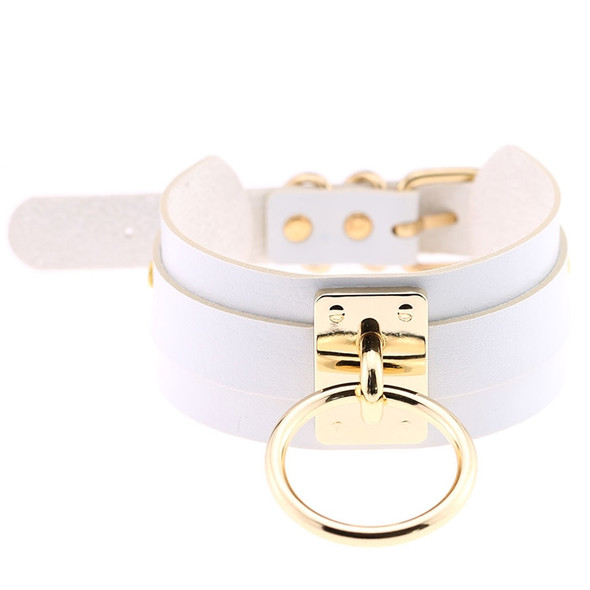 European and American Harajuku PU Leather Gold Single Ring Collar Wide Street-Snap Nightclub O-shaped Choker Necklace(White)