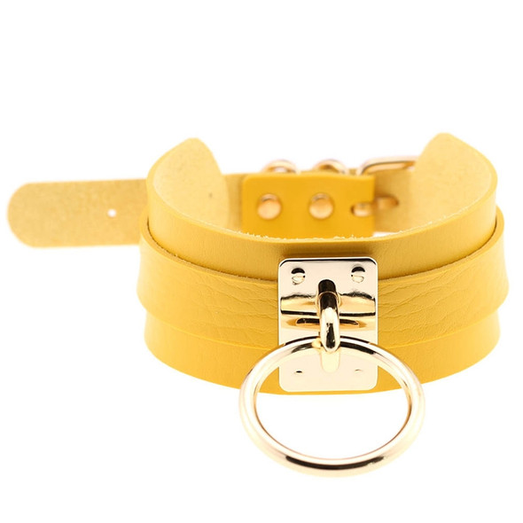 European and American Harajuku PU Leather Gold Single Ring Collar Wide Street-Snap Nightclub O-shaped Choker Necklace(Yellow)