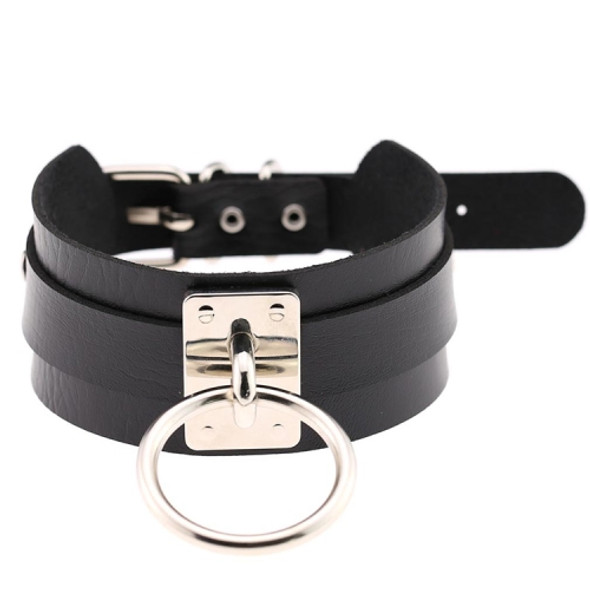 European and American Harajuku PU Leather Silver Single Ring Collar Wide Street-Snap Nightclub O-shaped Choker Necklace(Black)