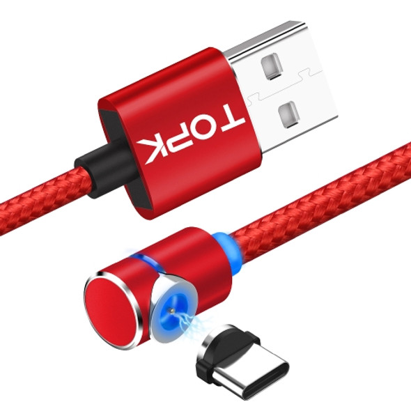 TOPK 2m 2.4A Max USB to USB-C / Type-C 90 Degree Elbow Magnetic Charging Cable with LED Indicator(Red)