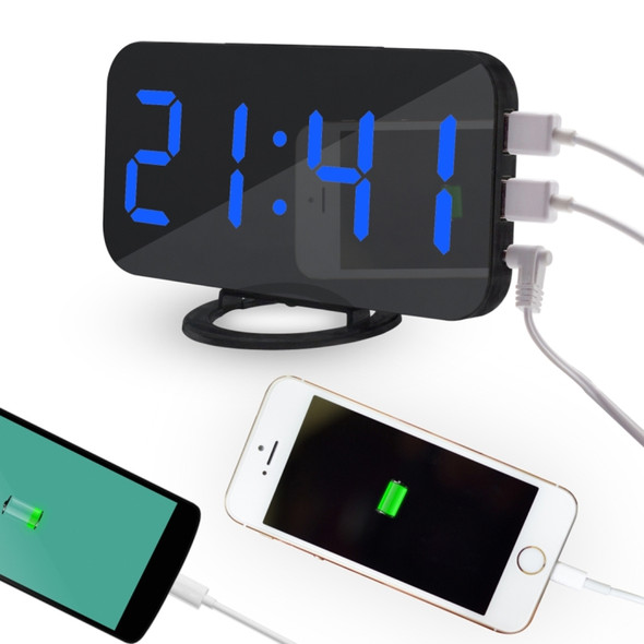 Multifunction Creative Mirror Reflective LED Display Alarm Clock with Snooze Function & 2 USB Charge Port(Blue)