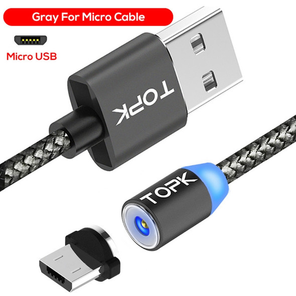 TOPK 1m 2.1A Output USB to Micro USB Mesh Braided Magnetic Charging Cable with LED Indicator(Grey)