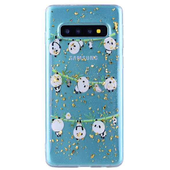 Cartoon Pattern Gold Foil Style Dropping Glue TPU Soft Protective Case for Galaxy S10+(Panda)