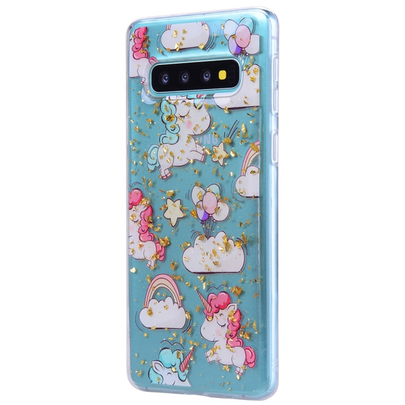 Cartoon Pattern Gold Foil Style Dropping Glue TPU Soft Protective Case for Galaxy S10+(Pony)