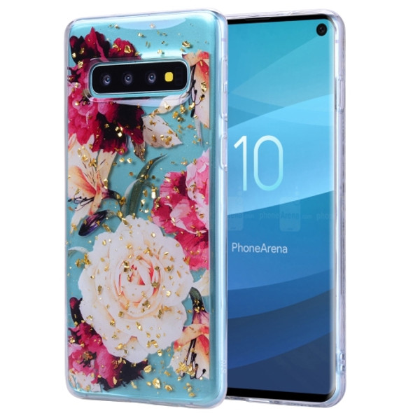 Cartoon Pattern Gold Foil Style Dropping Glue TPU Soft Protective Case for Galaxy S10+(Flower)