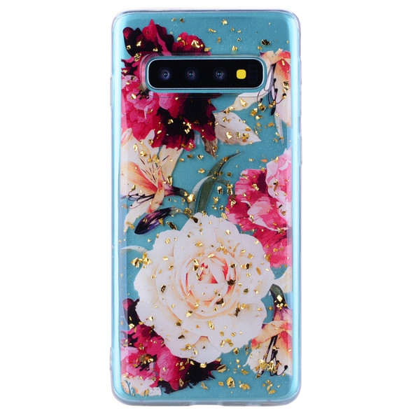 Cartoon Pattern Gold Foil Style Dropping Glue TPU Soft Protective Case for Galaxy S10+(Flower)