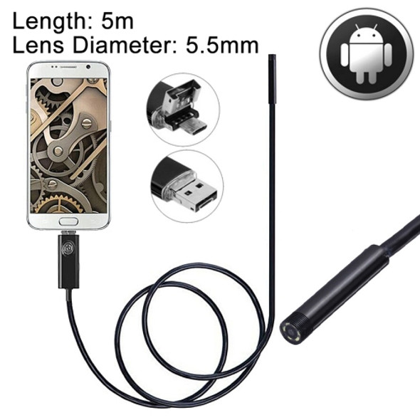 2 in 1 Micro USB & USB Endoscope Waterproof Snake Tube Inspection Camera with 6 LED for Newest OTG Android Phone, Length: 5m, Lens Diameter: 5.5mm