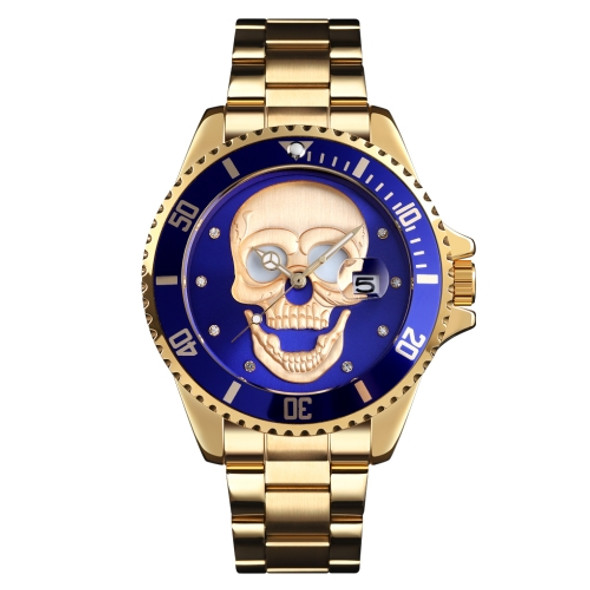 SKMEI 9195 Fashion Water-inlaid Drill Skull Nightlight Waterproof Quartz Watch Steel Strip Watch for Men(Golden Blue)