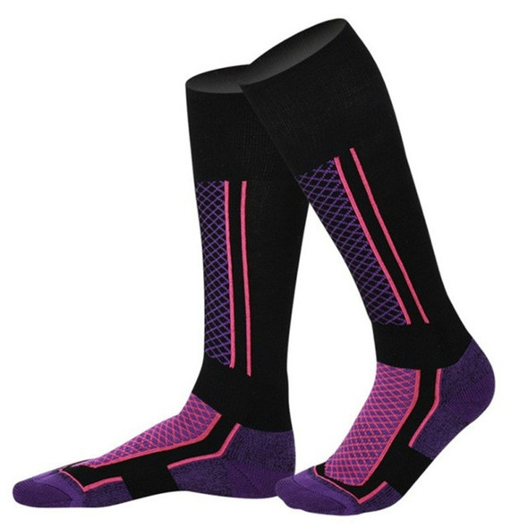 Winter Men Woman Thermal Ski Socks Thicken Cotton Warm Sports Socks Snowboarding Cycling Adult Skiing Hiking Socks Leg Warmer(Black Purple for Woman)