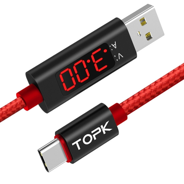 TOPK 1m 3A Max USB to USB-C / Type-C Nylon Braided Fast Charging Sync Data Cable, with Output Display(Red)