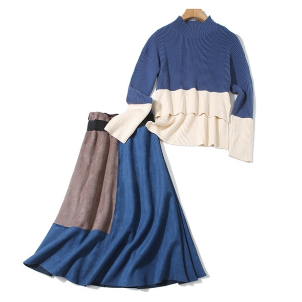 Contrast Sweater + Fashion Skirt Suit (Color:Blue Size:L)