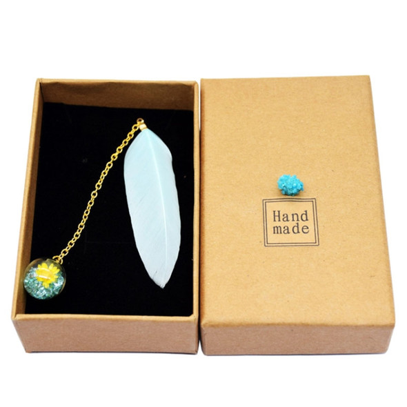 Feather Glass Ball Pendant Bookmark School Stationery Office Supplies(Light Blue)