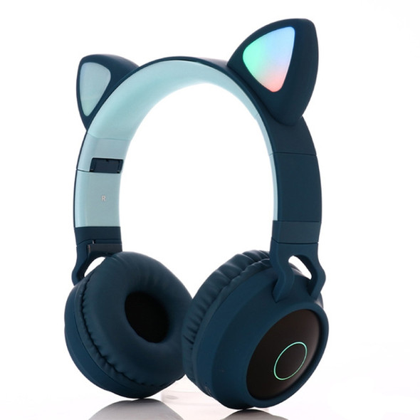 Cute Cat Ear Bluetooth 5.0 Headphones Foldable On-Ear Stereo Wireless Headset Headphone with Mic / LED Light / FM Radio / TF Card(Green)