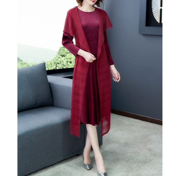 Women Loose Round Neck Dress + Long Coat (Color:Red Size:One Size)