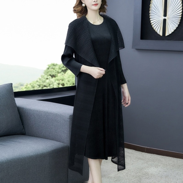 Women Loose Round Neck Dress + Long Coat (Color:Black Size:One Size)
