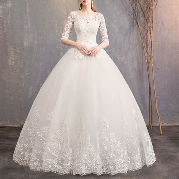 Off Shoulder Half Sleeved Lace Trailing Slimming Wedding Dress, Size:L(Floor-length)