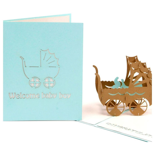 Handmade Creative 3D Three-dimensional Pink Blue Baby Carriage Paper Cut Engraving Greeting Card(Green)