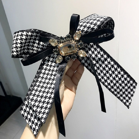 Ladies College Style Houndstooth Pattern Bow Tie Gemstone Oversized Bow-knot Brooch Clothing Accessories(Champagne Diamond)