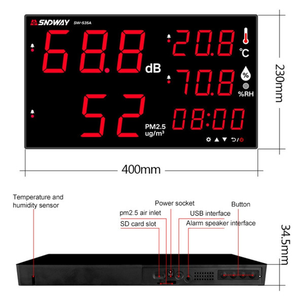 SNDWAY Wall-mounted 30~130dB Large Screen Digital Display Noise Decibel Monitoring Testers, Specification:SW535A 18 inch Display 5-in-1