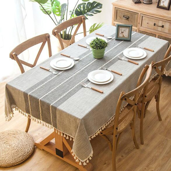 Plaid Decorative Linen Tablecloth With Tassel Waterproof Oilproof Thick Rectangular Dining Table Cloth, Type:Tassel, Size:120×180cm(Rock Ash )