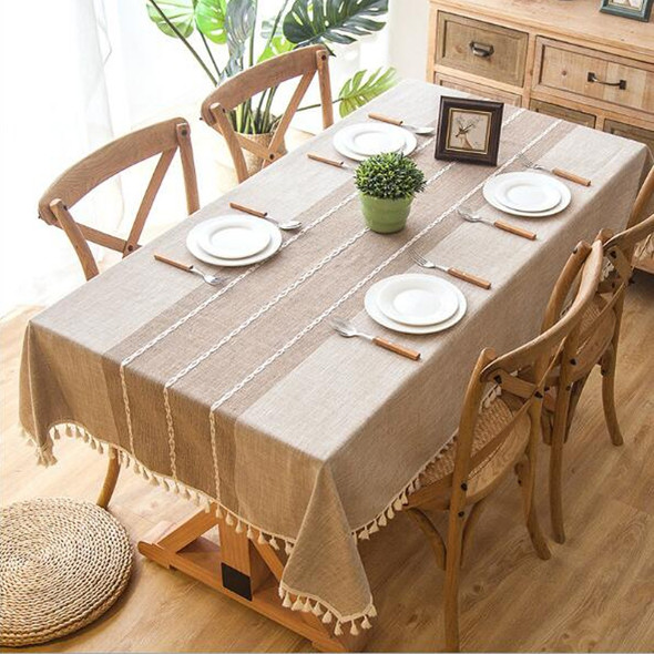 Plaid Decorative Linen Tablecloth With Tassel Waterproof Oilproof Thick Rectangular Dining Table Cloth, Type:Tassel, Size:120×180cm(Light Khaki )